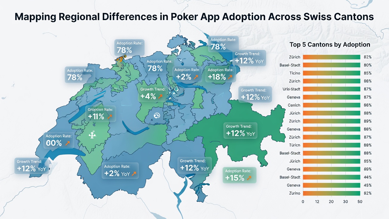 Infographic displaying adoption statistics and demographic breakdowns for poker apps in key Swiss cantons
