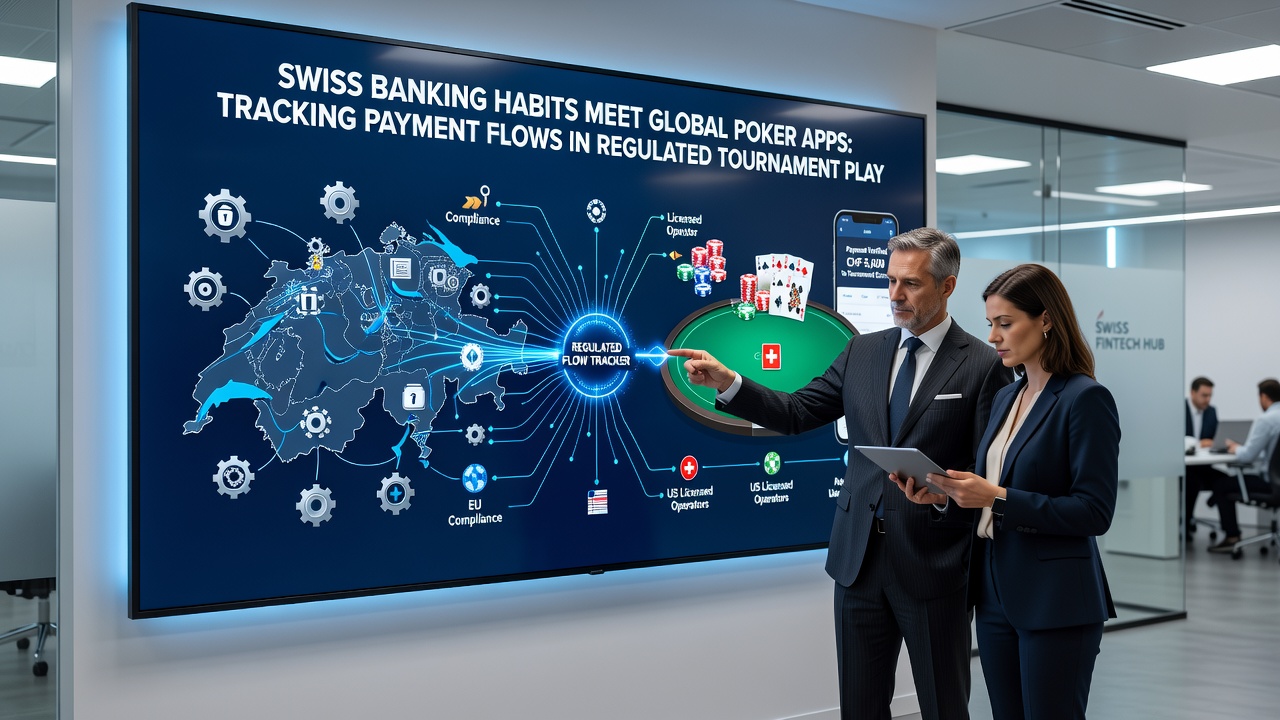 Flowchart illustrating regulated payment pathways from Swiss bank accounts through poker app ledgers to tournament prize distribution